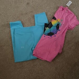 Under Armour Pink Tee with Soccer Graphic and Blue Leggings